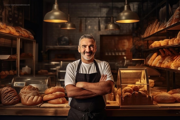 Un piccolo imprenditore in piedi con orgoglio di fronte alla loro fiorente panetteria artigianale generata dall'IA