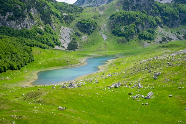 Un piccolo lago di montagna tra le alte montagne pittoresche.