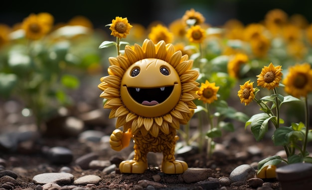 Un piccolo leone giocattolo è in piedi in un campo di girasoli