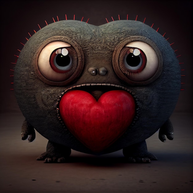 Un piccolo mostro nero con un cuore rosso in bocca.