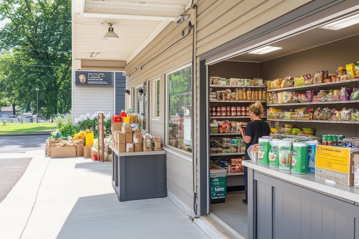 Foto un piccolo negozio di alimentari con vetrine all'aperto e un cliente che naviga all'interno