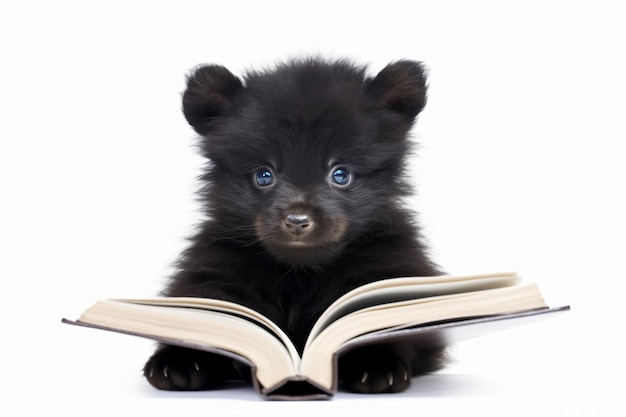 un piccolo orso nero che legge un libro