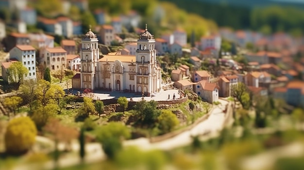 Un piccolo paese con una piccola chiesa sulla collina