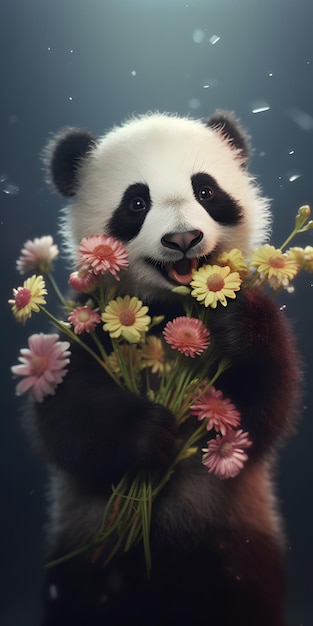 Un piccolo panda carino con fiore