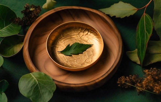 Un piccolo piatto di legno rotondo circondato da foglie verdi
