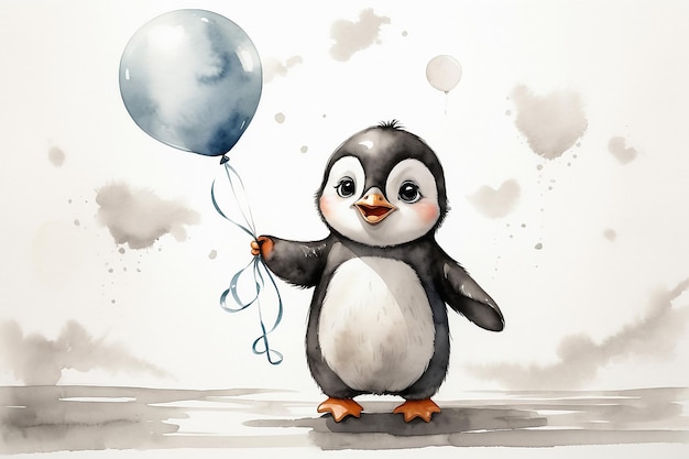 Un piccolo pinguino carino con i palloncini su uno sfondo bianco ad acquerello di cartone animato