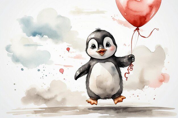 Un piccolo pinguino carino con i palloncini su uno sfondo bianco ad acquerello di cartone animato