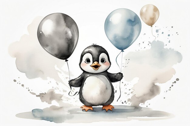 Un piccolo pinguino carino con i palloncini su uno sfondo bianco ad acquerello di cartone animato