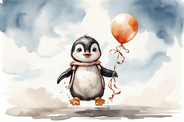 Un piccolo pinguino carino con i palloncini su uno sfondo bianco ad acquerello di cartone animato