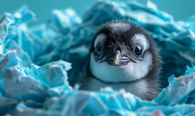 Un piccolo pinguino divertente seduto in un nido blu di carta o in una casa di carta