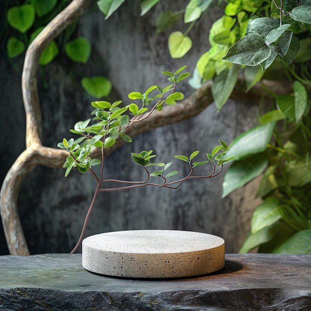 Un piccolo podio di prodotti bianchi su un tavolo di pietra con un albero sullo sfondo