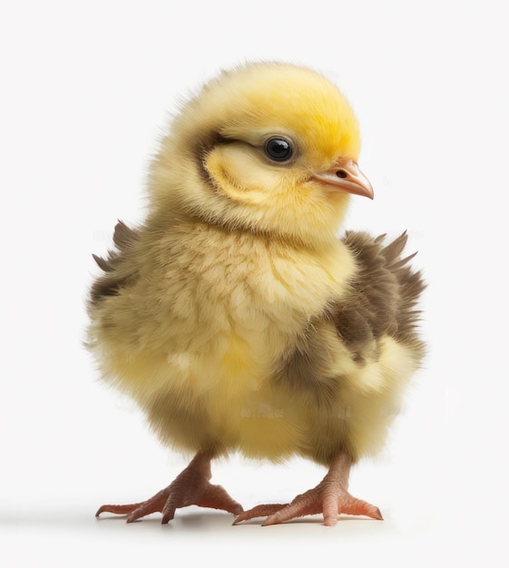 Un piccolo pollo giallo con un occhio nero e un occhio nero.