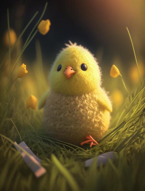 Un piccolo pollo siede nell'erba con fiori gialli.