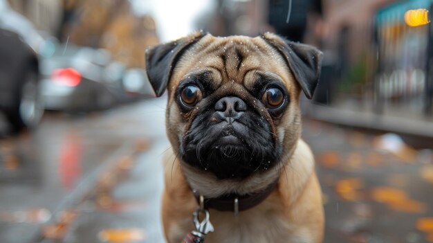 Un piccolo pug con un guinzaglio in piedi su un marciapiede bagnato Il cane sta guardando intorno curiosamente con