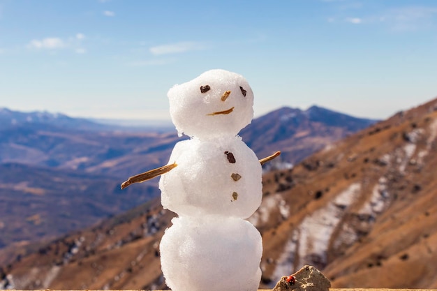 Un piccolo pupazzo di neve allegro sullo sfondo delle cime delle montagne