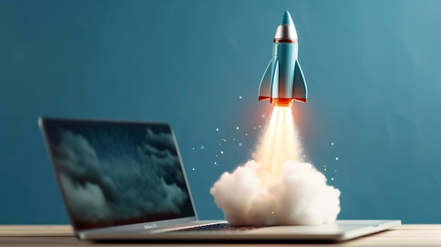 Un piccolo razzo decolla da un laptop con combinazioni di colori vivaci nei colori azzurro cielo e grigio chiaro per un sito Web aziendale e concetti di successo finanziario AI Generative