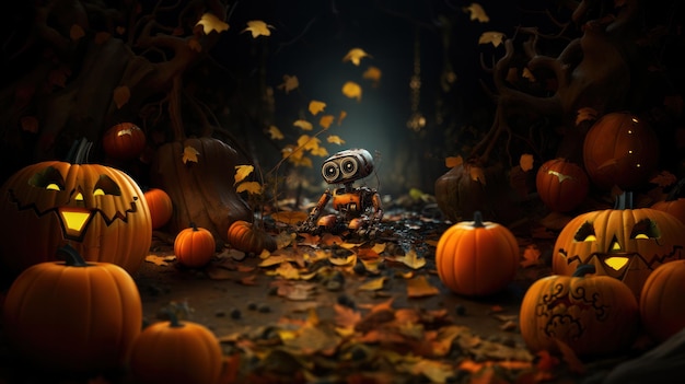 Un piccolo robot circondato da zucche spaventose ad Halloween