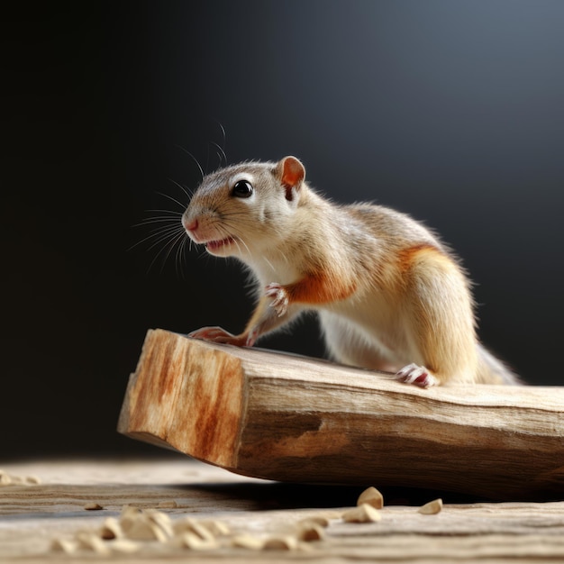 Un piccolo roditore in piedi su un pezzo di legno