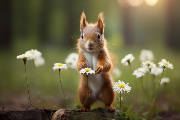 Un piccolo scoiattolo in piedi su due zampe che tiene in mano un fiore IA generativa