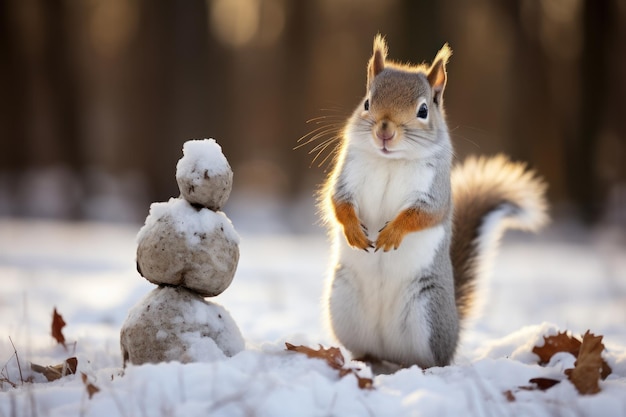 Un piccolo scoiattolo sta su due gambe di lato come un piccolo pupazzo di neve IA generativa