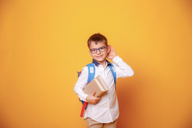 Un piccolo scolaro tiene libri e una mela su uno sfondo giallo