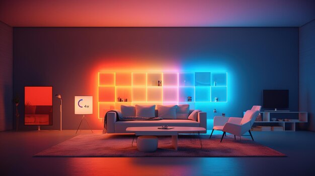 Un piccolo soggiorno accogliente con illuminazione a LED indiretta colorata