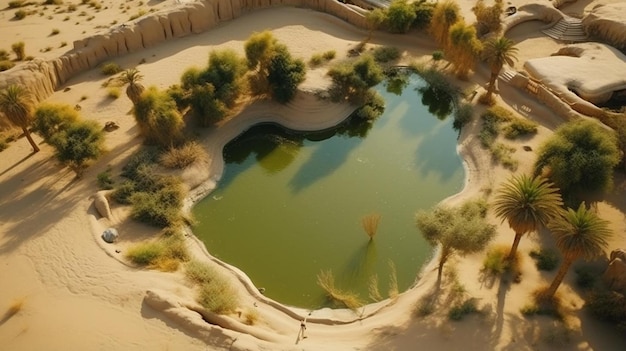 un piccolo stagno con una piscina d'acqua verde al centro