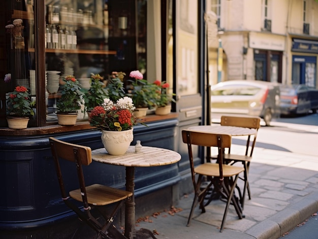 Un piccolo tavolo e sedie fuori da un bar con un vaso di fiori sul tavolo.