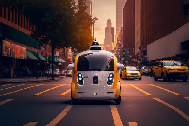 Un piccolo taxi robot giallo corre lungo la grande strada della città L'intelligenza artificiale controlla l'auto Illustrazione dell'IA generativa