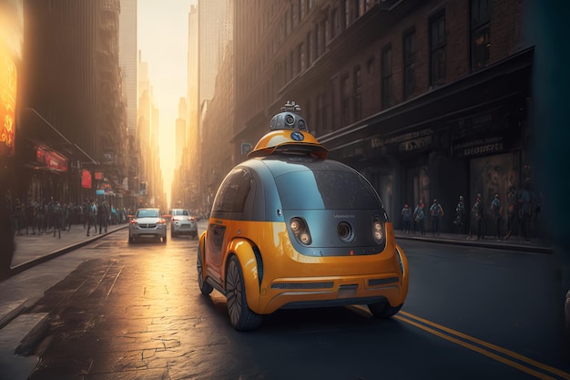 Un piccolo taxi robot giallo corre lungo la grande strada della città L'intelligenza artificiale controlla l'auto Illustrazione dell'IA generativa