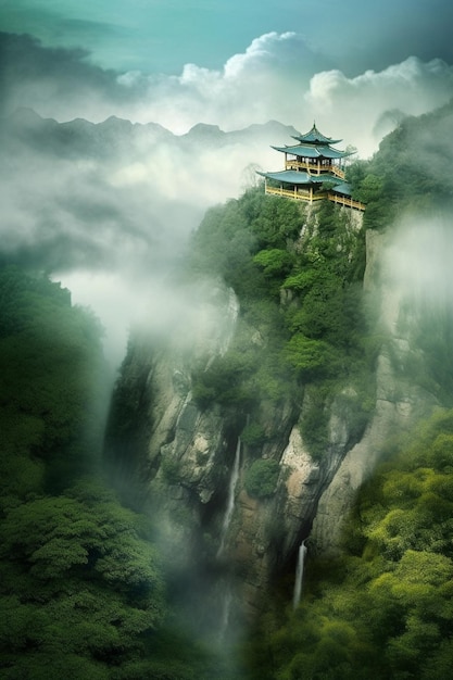 Un piccolo tempio su una montagna con una cascata sullo sfondo