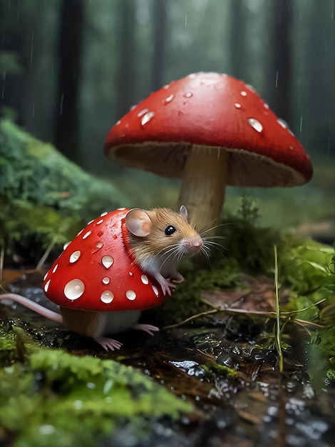 Un piccolo topo è nella foresta sotto la pioggia che si protegge sotto un grande fungo rosso.