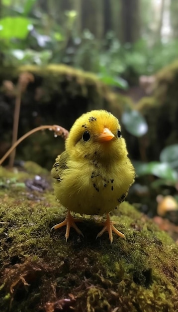 Un piccolo uccello giallo con macchie nere sulle ali si siede su una roccia coperta di muschio.