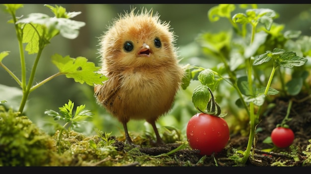 Un piccolo uccello in piedi accanto a una pianta di pomodoro e alcune foglie ai