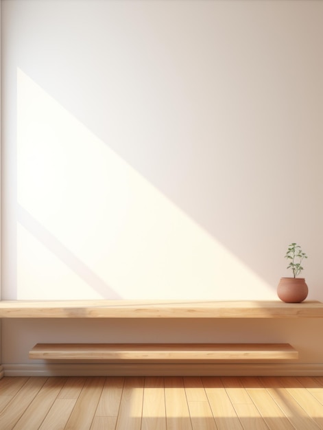 Un piccolo vaso con una pianta su una mensola di legno in una stanza luminosa generativa ai