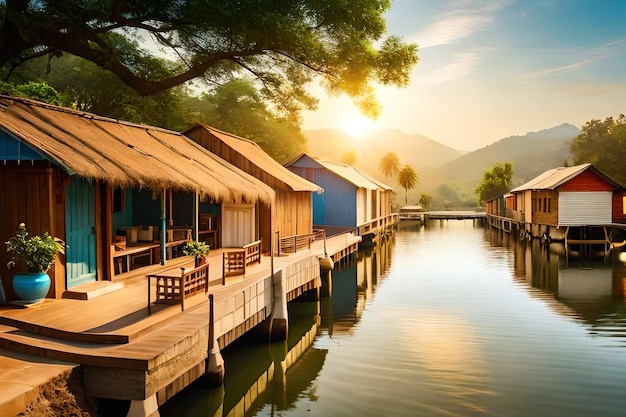 Un piccolo villaggio sull'acqua con un tramonto sullo sfondo