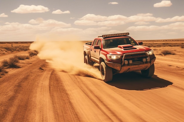 un pick-up rosso che guida lungo una strada sterrata