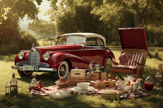 un picnic con un'auto e un tavolo da picnic
