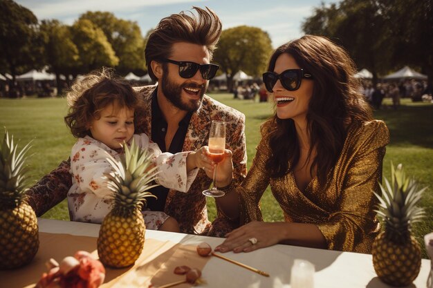 Un picnic di famiglia a tema ananas in un parco
