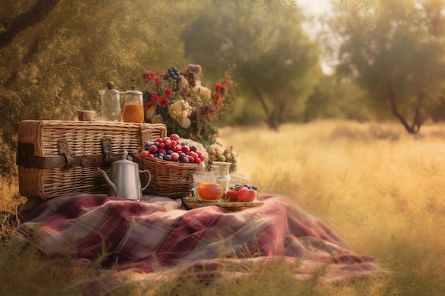 Un picnic in un campo con un cesto di frutta e un cesto di frutta.