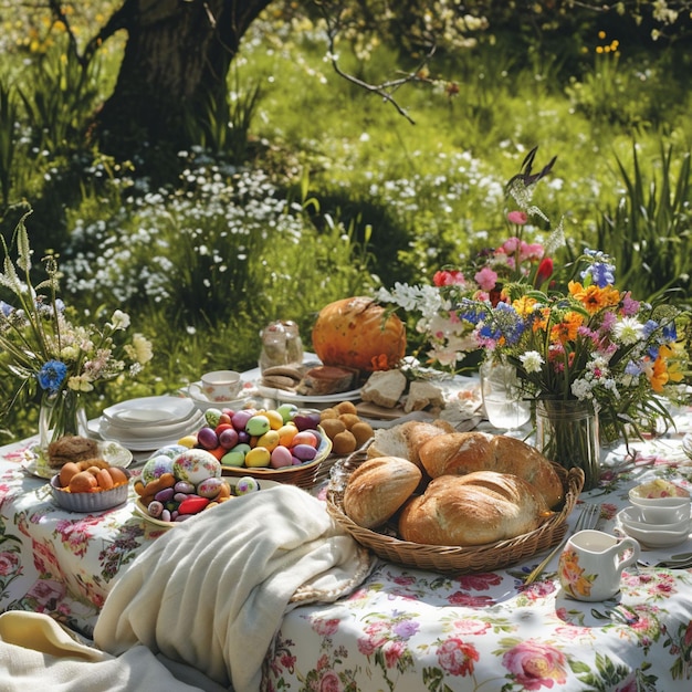 Un picnic soleggiato accompagnato da un banchetto di pane Uova di Pasqua e fiori di campo in un prato Riflette un'atmosfera gioiosa e familiare adatta alle celebrazioni stagionali
