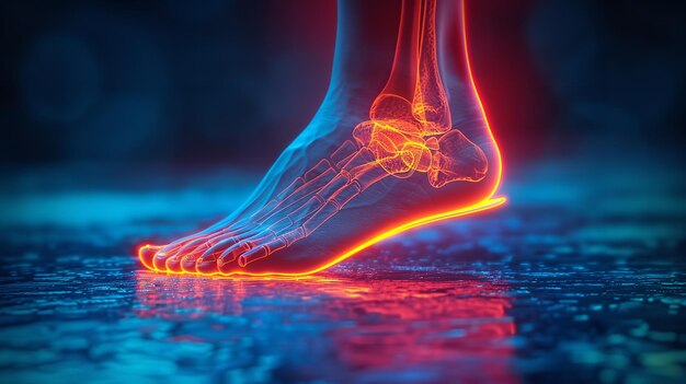 un piede con una luminosa luce al neon su di esso