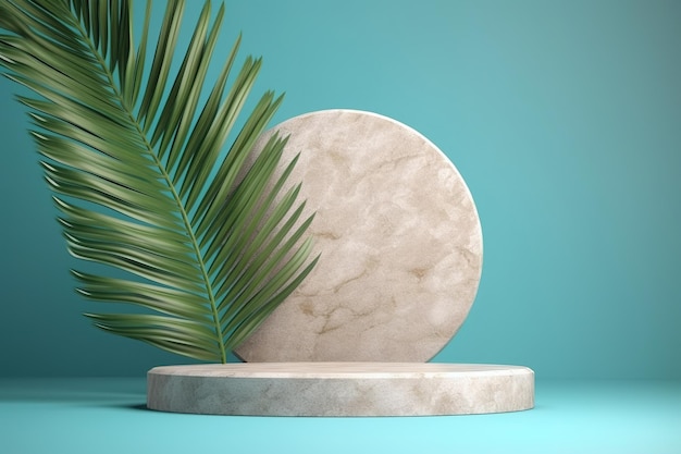 Un piedistallo rotondo in marmo con una palma e un piedistallo rotondo in pietra.