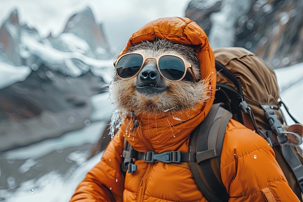 un pigro con la schiena e indossando abiti da montagna e attrezzature per scalare la montagna Everest