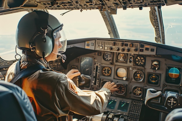 Un pilota che naviga dalla cabina di pilotaggio di un aereo generato da Ai