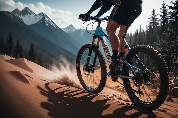 Un pilota di mountain bike su un sentiero di montagna con le montagne sullo sfondo