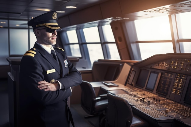 Un pilota maschio in uniforme da capitano in un ambiente aeroportuale al coperto Generative AI AIG21
