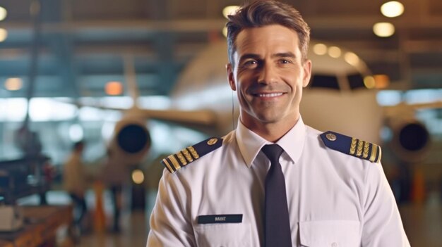 Un pilota sicuro Un aeroplano è sullo sfondo mentre un pilota fiducioso è in uniforme con le braccia incrociate e un sorriso GENERATE AI