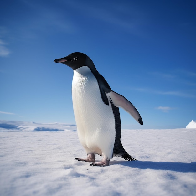 Un pinguino cammina sulla neve con il cielo sullo sfondo.