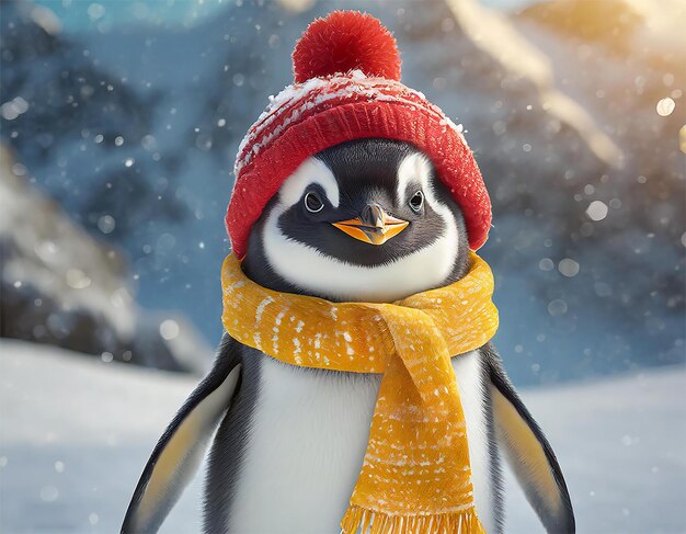 Un pinguino carino che posa sulla neve con un cappello rosso e una sciarpa gialla